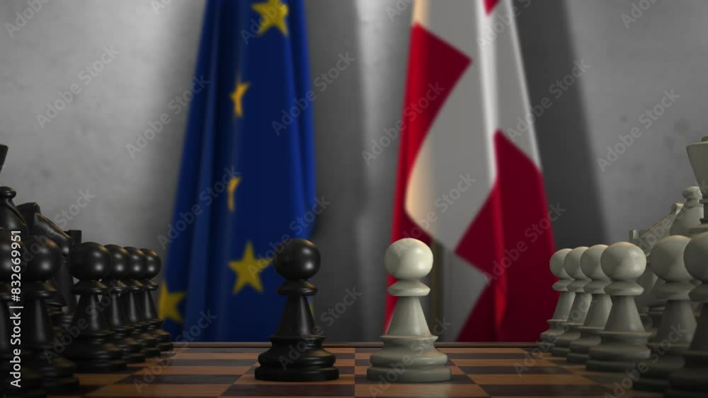 Denmark And EU Flags. Politics And Conflict Concept Animation. Chess Board Game Play Denmark And EU Flags. Politics And Conflict Concept Animation. Chess Board Game Play