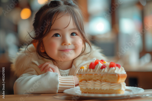 Cute 5 years old  girl looking at cake piece on the table and smiling 