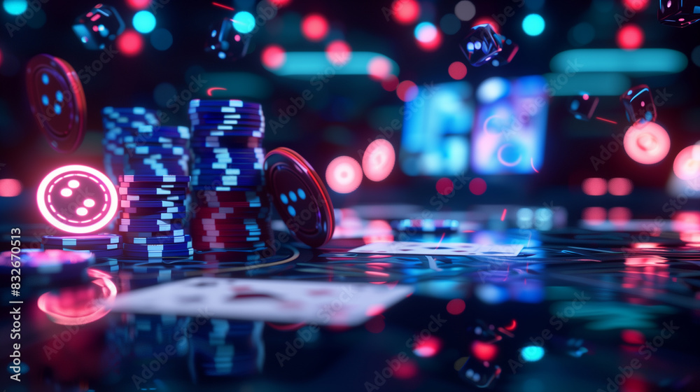Fototapeta premium Glowing casino chips and dice with vibrant neon lights.