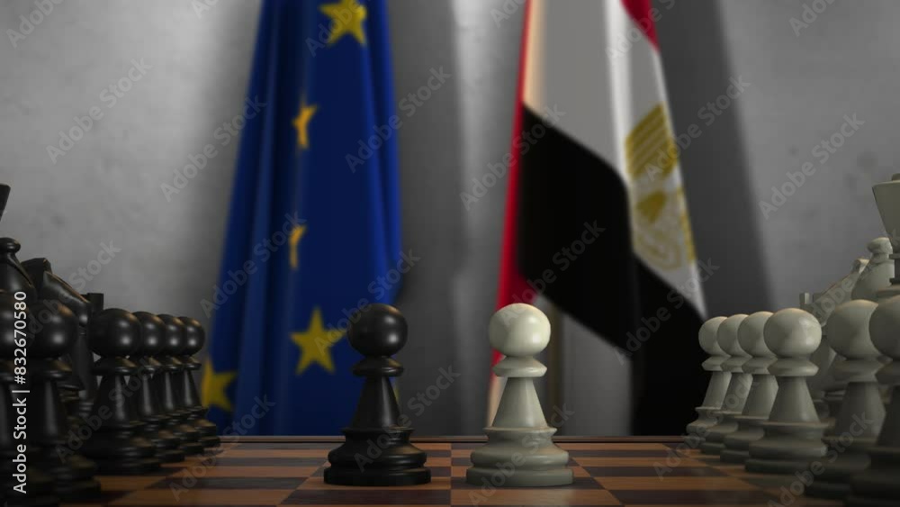 Egypt And EU Flags. Politics And Conflict Concept Animation. Chess Board Game Play Egypt And EU Flags. Politics And Conflict Concept Animation. Chess Board Game Play