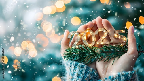 Women Hands Holding 2025 Sign on Snow Blurred Background photo