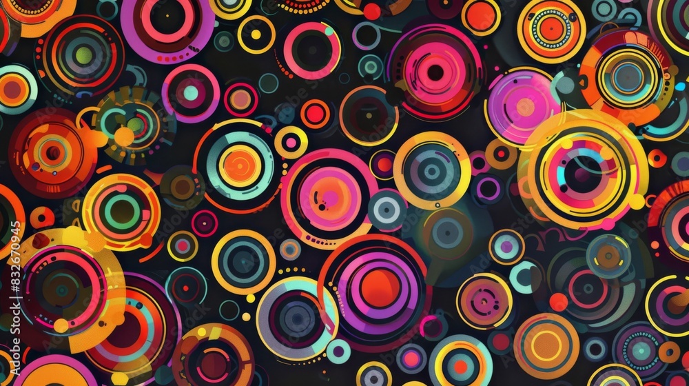Vibrant abstract background with multicolored circles and rings