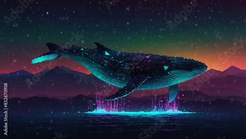 beautiful background of a whale with retro neon triangles. 2d style