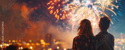 Community event with people watching fireworks, celebrating USA Birthday, American Independence, patriotic decorations, night sky illuminated, festive atmosphere, copy space
