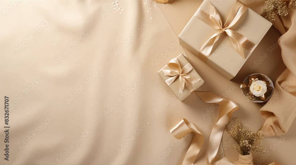 Gold fabric background. Xmas gold gift box and ribbon viewed from above. Text space empty for Merry Christmas and happy New Year. Horizontal banner, header for website. Vector illustration Gold fabric background. Xmas gold gift box and ribbon viewed from above. Text space empty for Merry Christmas and happy New Year. Horizontal banner, header for website. Vector illustration