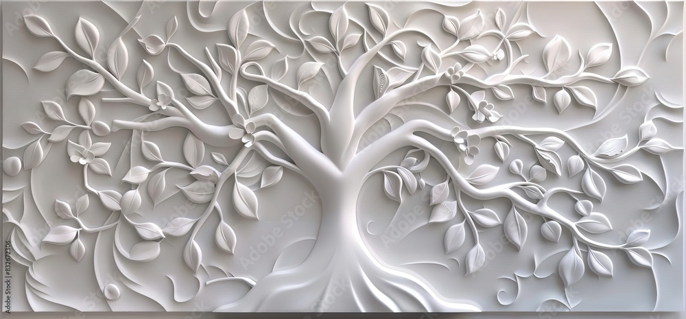 3D relief white tree wallpaper mural wall. AI generated illustration 3D relief white tree wallpaper mural wall. AI generated illustration