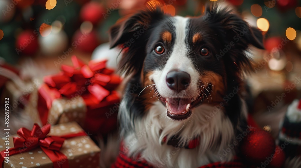 Joyful dog with christmas presents Joyful dog with christmas presents