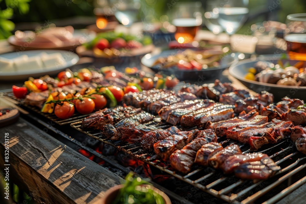 BBQ party with friends, summer cookout, grilling meats and vegetables, joyful gathering, outdoor setting, highresolution image, isolated background, copy space