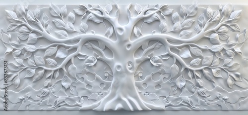 3D relief white tree wallpaper mural wall. AI generated illustration