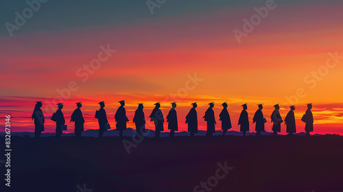 Silhouettes of students with graduate caps in a row on panoramic sunset background. Graduation ceremony at university web banner, class of 2024