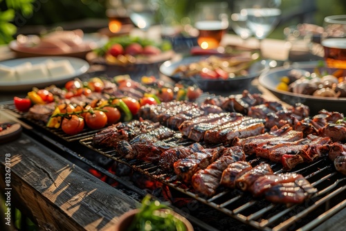 BBQ party with friends  summer cookout  grilling meats and vegetables  joyful gathering  outdoor setting  highresolution image  isolated background  copy space