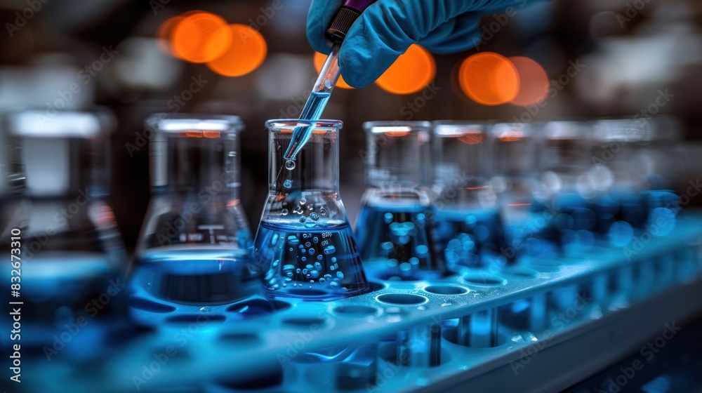 © kaleidoscope - A chemist in a lab coat pours blue liquid into a flask © kaleidoscope - A chemist in a lab coat pours blue liquid into a flask