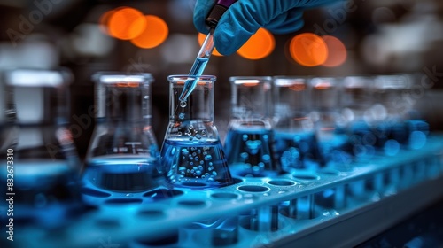 A chemist in a lab coat pours blue liquid into a flask photo