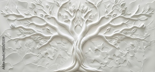 3D relief white tree wallpaper mural wall. AI generated illustration