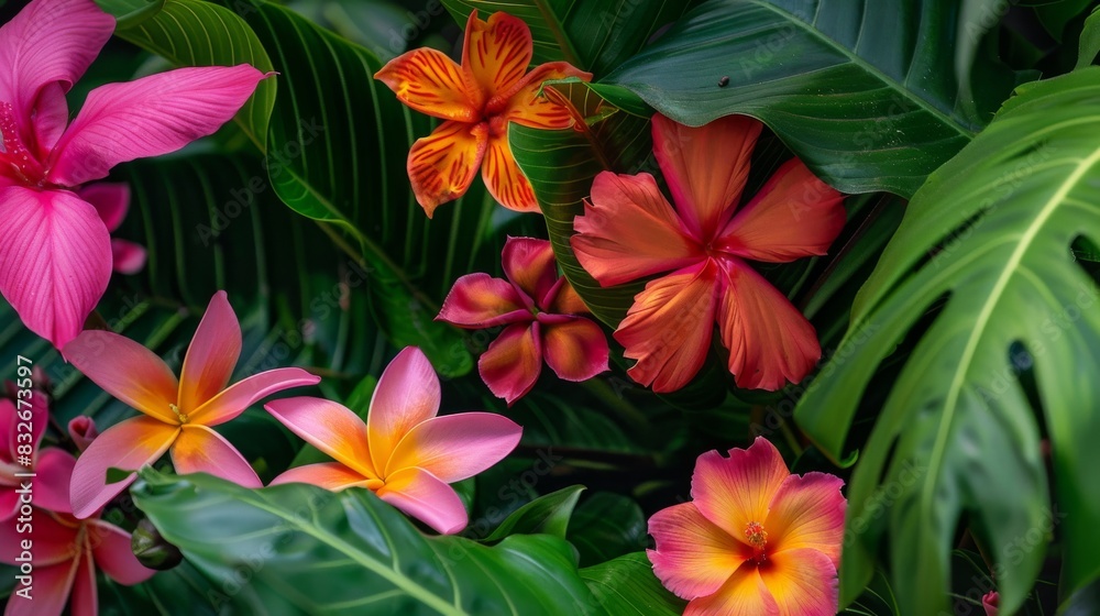 Vibrant tropical flowers amidst lush foliage Vibrant tropical flowers amidst lush foliage