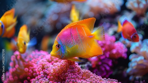 Vibrant flame angelfish in coral reef photo