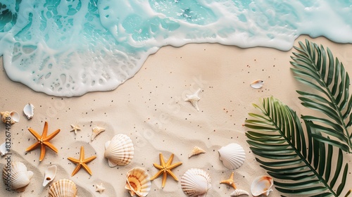 Fototapeta Naklejka Na Ścianę i Meble -  The photo shows a beach with starfish, seashells, and palm leaves scattered in the sand, highlighting coastal beauty (focus on, beach theme, vibrant, overlay, tropical backdrop)