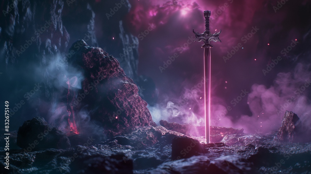 Obraz premium Hero's sword in the stone excalibur, with light and electrical effect, concept of adventure, secret weapon, saint weapon, precious.