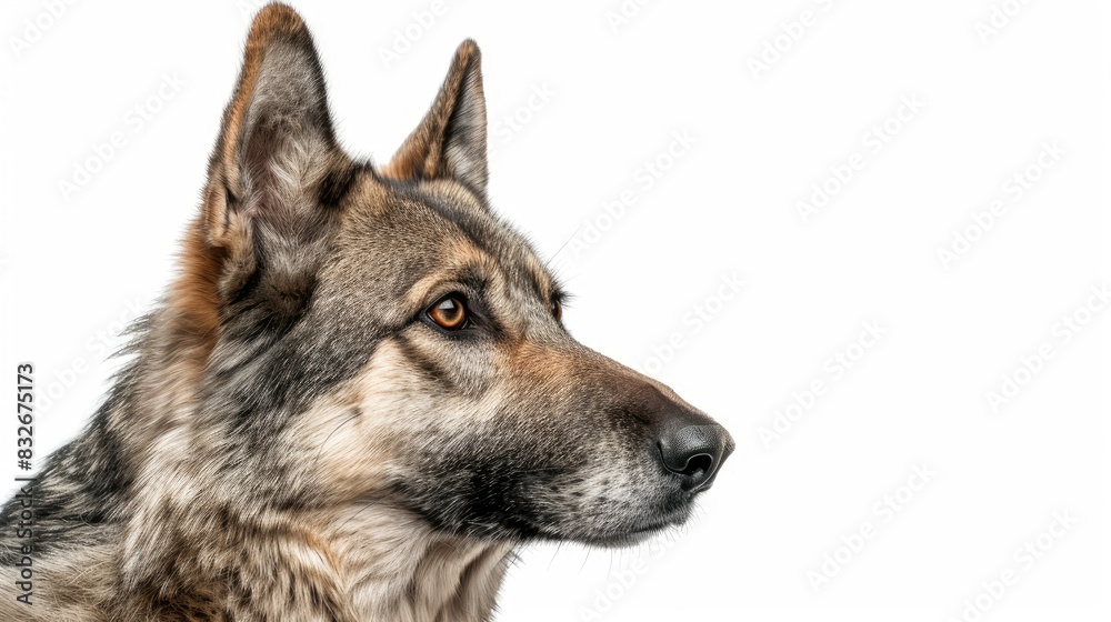 Obraz premium Timber Shepherd Wolfdog gazing in a different direction against a white background