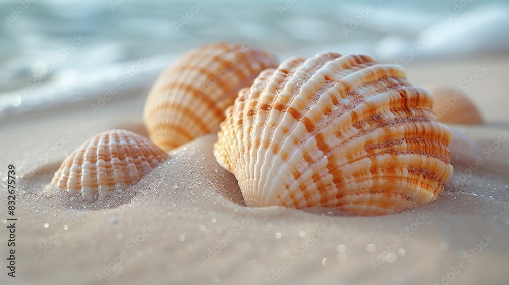 Serene seashells on sandy beach at twilight Serene seashells on sandy beach at twilight