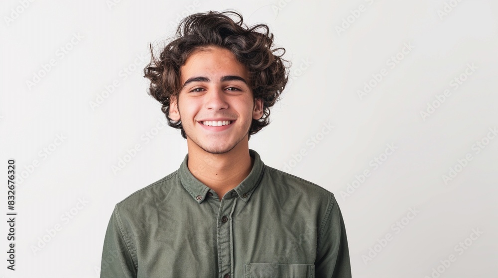 Obraz premium Happy Jewish young man in casual shirt smiling confidently on white background, portrait of a happy teenage boy with curly short hair looking at the camera.