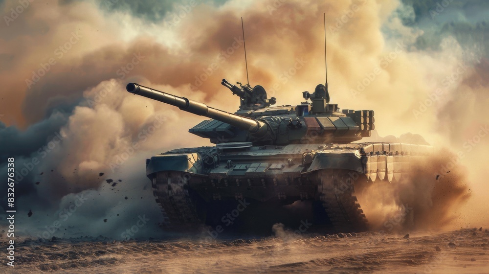 Armored tank in action on battlefield Armored tank in action on battlefield