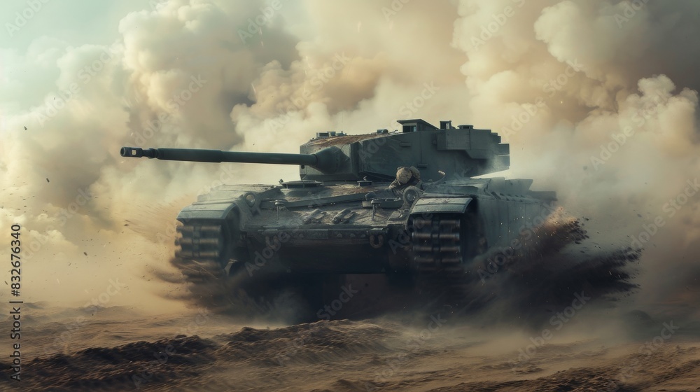 Advancing battle tank in desert dust storm Advancing battle tank in desert dust storm