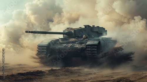 Advancing battle tank in desert dust storm