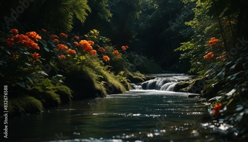 A stream of water flows through a lush green forest