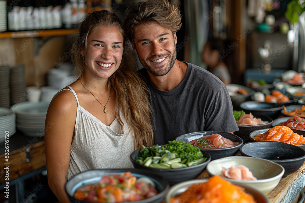 A young couple smiling and enjoying their hands-on sushi-making experience, surrounded by bowls of colorful vegetables and fresh fish. A young couple smiling and enjoying their hands-on sushi-making experience, surrounded by bowls of colorful vegetables and fresh fish.