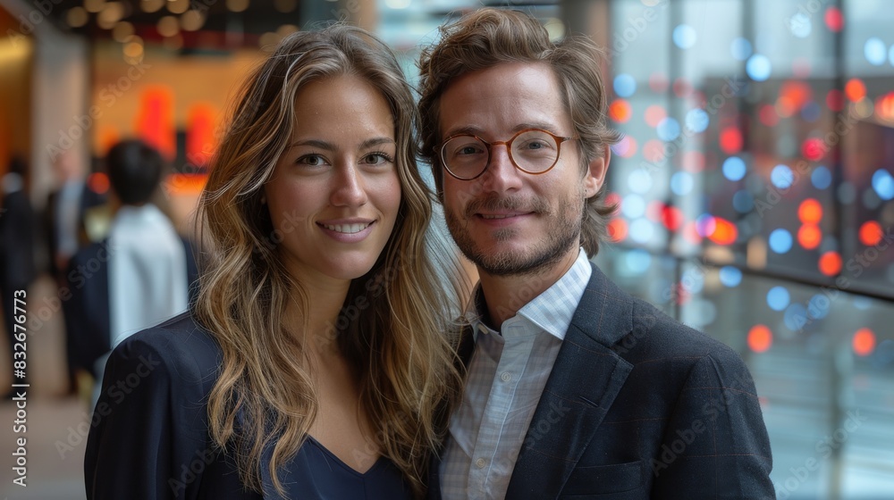 Confident business couple in office building