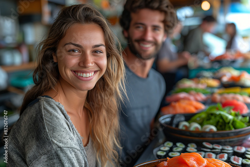 A young couple smiling and enjoying their hands-on sushi-making experience, surrounded by bowls of colorful vegetables and fresh fish.