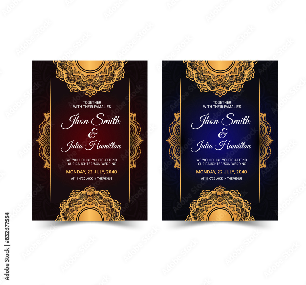 Naklejka premium wedding invitation card design with golden mandala and abstract pattern vector template.