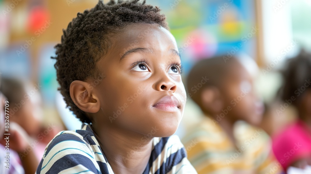 a young boy with a concerned look on his face in a classroom setting with other children in the background.. a young boy with a concerned look on his face in a classroom setting with other children in the background..