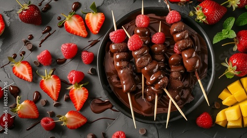 Tasty chocolate and fruit skewers fondue on a grey background, in a top view. The background features fruits in a rich sauce. Skewers with fruits, covered with melted chocolate. A delicious dessert.