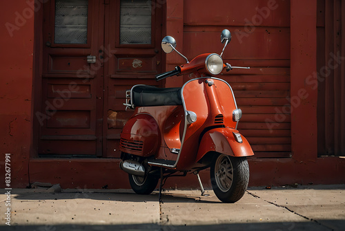 A vintage red scooter parked against a red wall created with generative ai. Red scooter