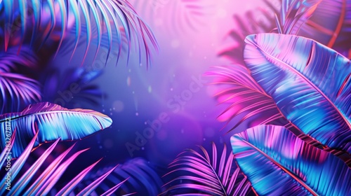 Tropical and palm leaves in vibrant bold gradient holographic neon colors.