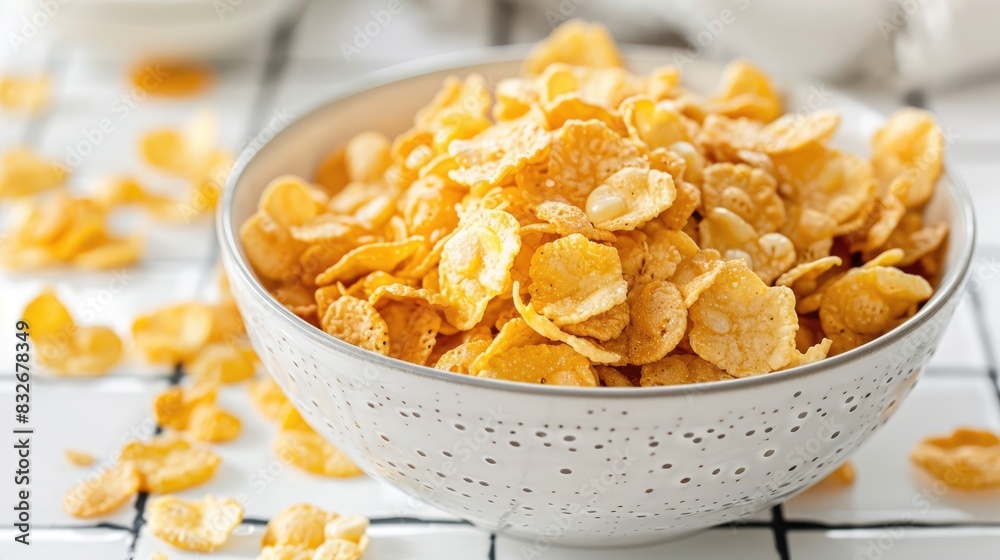 Crispy corn flakes in a bowl on a white tiled table Crispy corn flakes in a bowl on a white tiled table