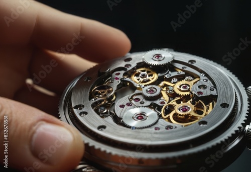 Close-up of a watchmaker holding an intricate watch mechanism. Precision and craftsmanship in horology.