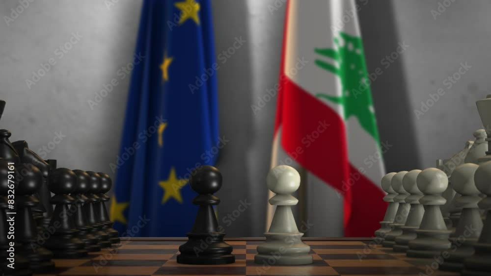 Lebanon And EU Flags. Politics And Conflict Concept Animation. Chess Board Game Play Lebanon And EU Flags. Politics And Conflict Concept Animation. Chess Board Game Play