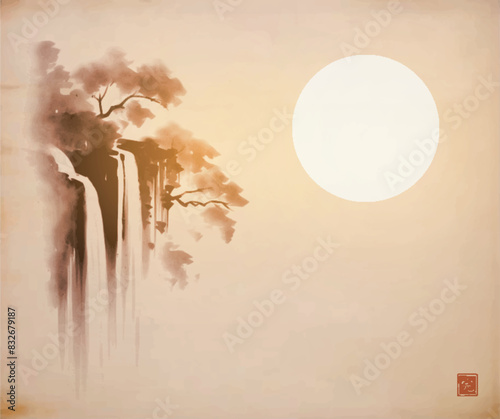 Ink painting of forest waterfall.. Traditional oriental ink painting sumi-e, u-sin, go-hua on vintage background. Translation of hieroglyph - perfection