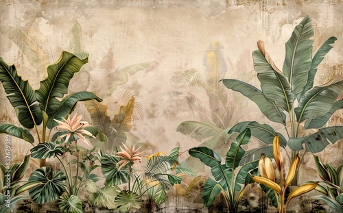 Illustration of a tropical wallpaper pattern with watercolor texture, palm leaves, and banana leaves. a background with texture and tropical vegetation. AI generated illustration