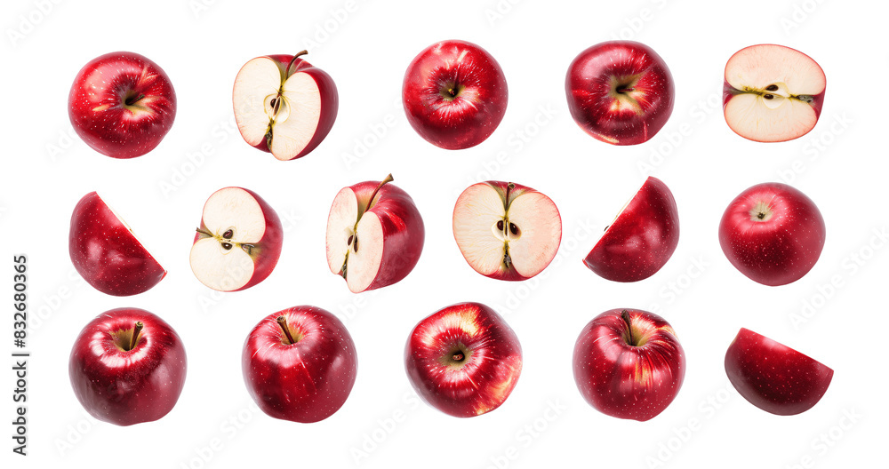 set of red apples isolated on white background, transparent clipping path, different angles set of red apples isolated on white background, transparent clipping path, different angles