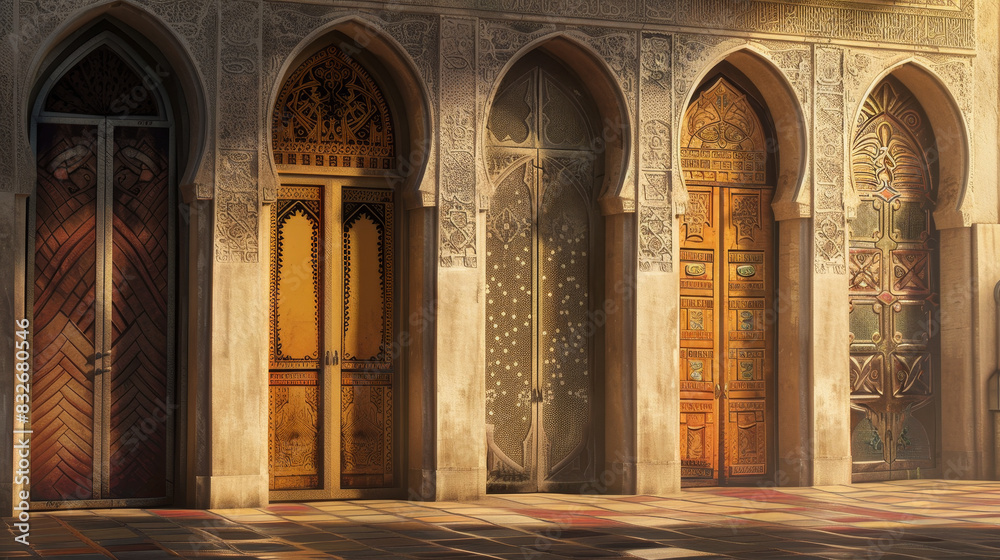 Four arched doors with different designs and colors