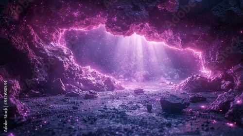 A breathtaking fantastical scene of a pink crystal-lined cave with beams of light penetrating the opening photo