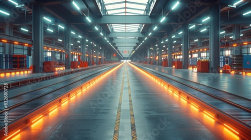 An industrial train depot with symmetrical rails and vibrant orange lighting under a modern metallic structure