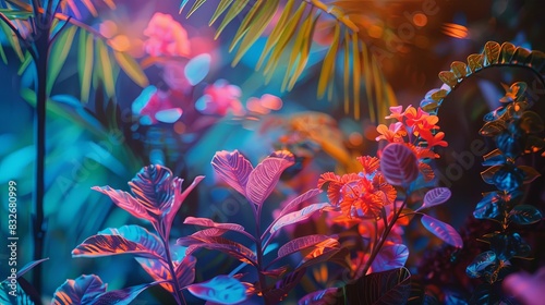 A colorful  vibrant image of a lush tropical forest with a variety of flowers