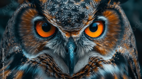 Close-up of an owl with striking orange eyes, perfect for nature and wildlife themes.