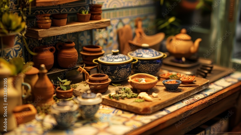 Intricate Thai Style Miniature Kitchen Scene with Clay Pots and Wooden Cutting Board Detail Intricate Thai Style Miniature Kitchen Scene with Clay Pots and Wooden Cutting Board Detail