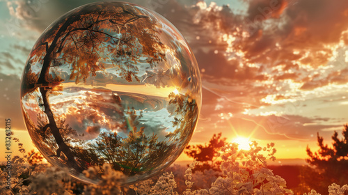  A transparent bubble filled with calming scenes  like nature and happy memories  symbolizing mindfulness and mental peace